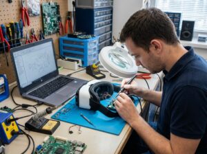 man repairing virtual reality headset
